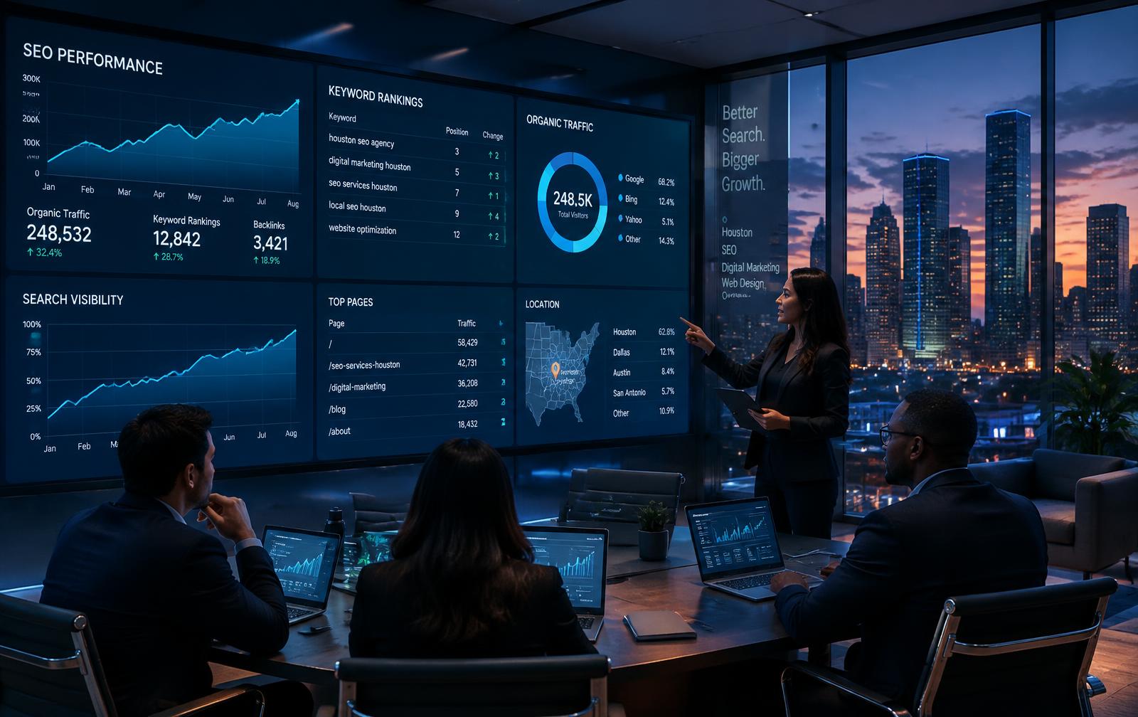 Houston SEO team reviewing search rankings dashboard